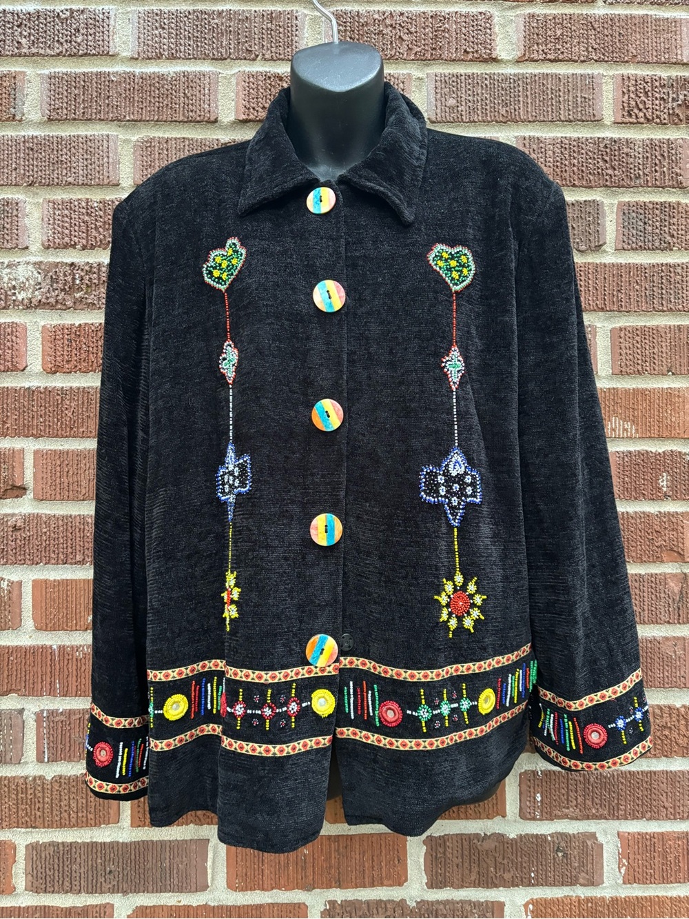 Allure Vintage Women’s Sz L 90s Velour Beaded Button Snap Down Artisian Jacket